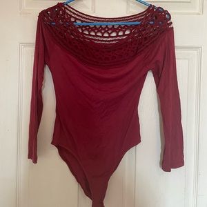 SHEIN Hollow Out Shoulder Solid Bodysuit, XS small, dark red